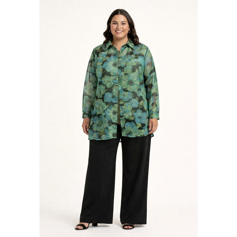 Womens Size 3X 3 Piece Outfit Sheer Floral Tunic Shirt Top Wide Leg Knit Pants